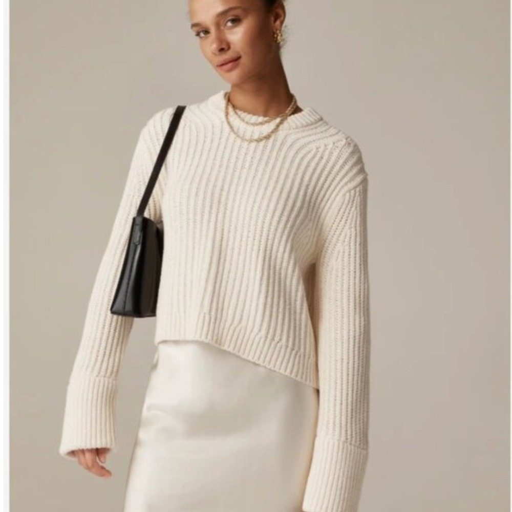 J.Crew Womens Ribbed Cotton Crewneck Sweater Cream White CG684 Small